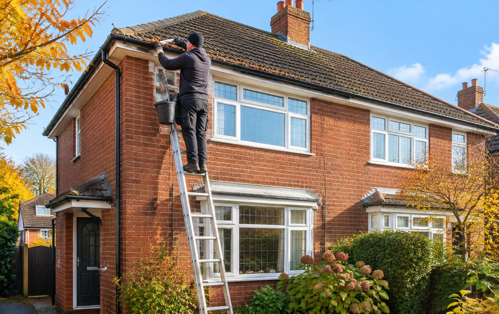 Gutter cleaner clearing leaves from the gutter of a red-brick house in Thetford